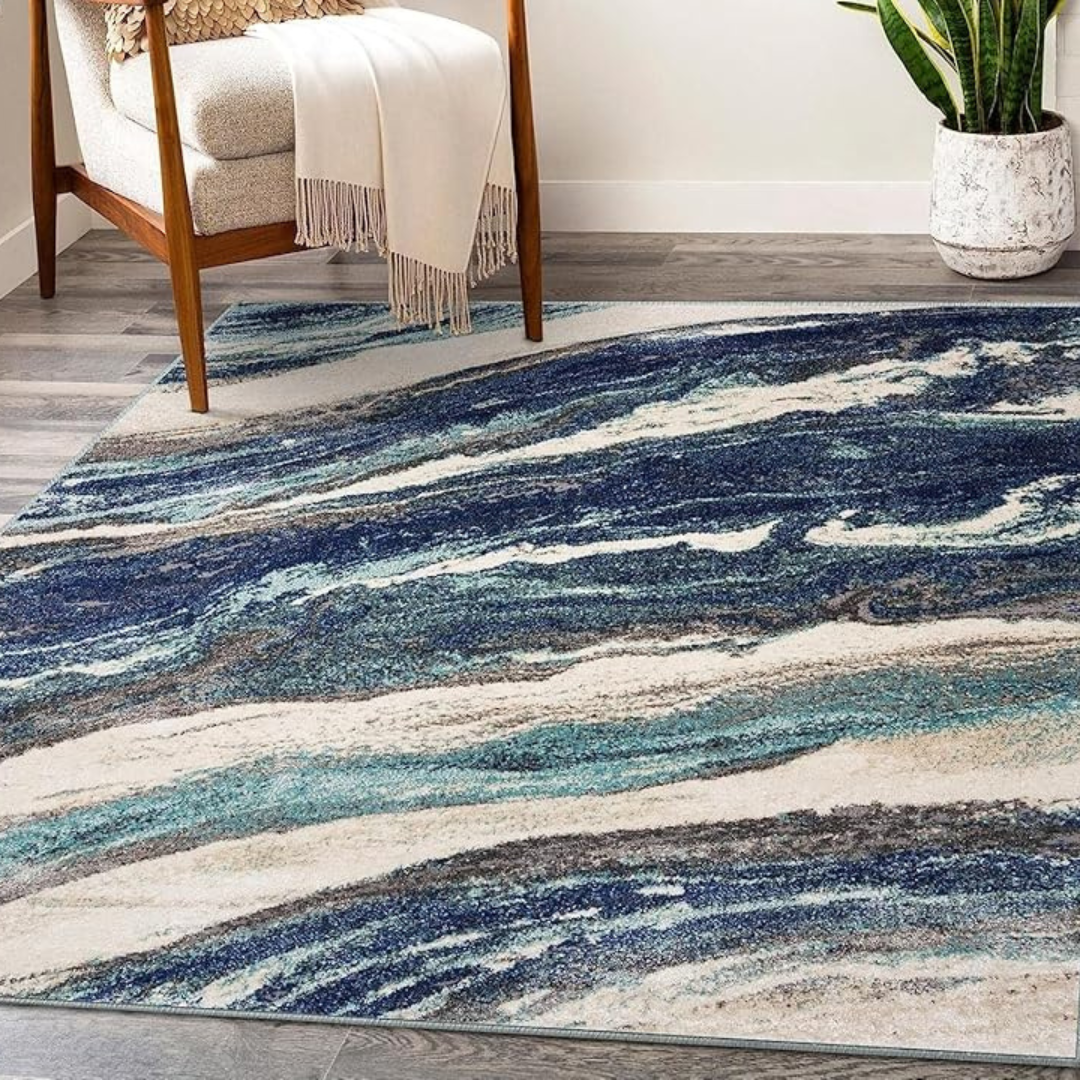 bellolin Washable Area Rug | Non-Slip Carpet for Living Room, Foldable Floor Cover, Indoor Floor Rug, Machine Washable Rug for Bedroom & Office - Marble Blue