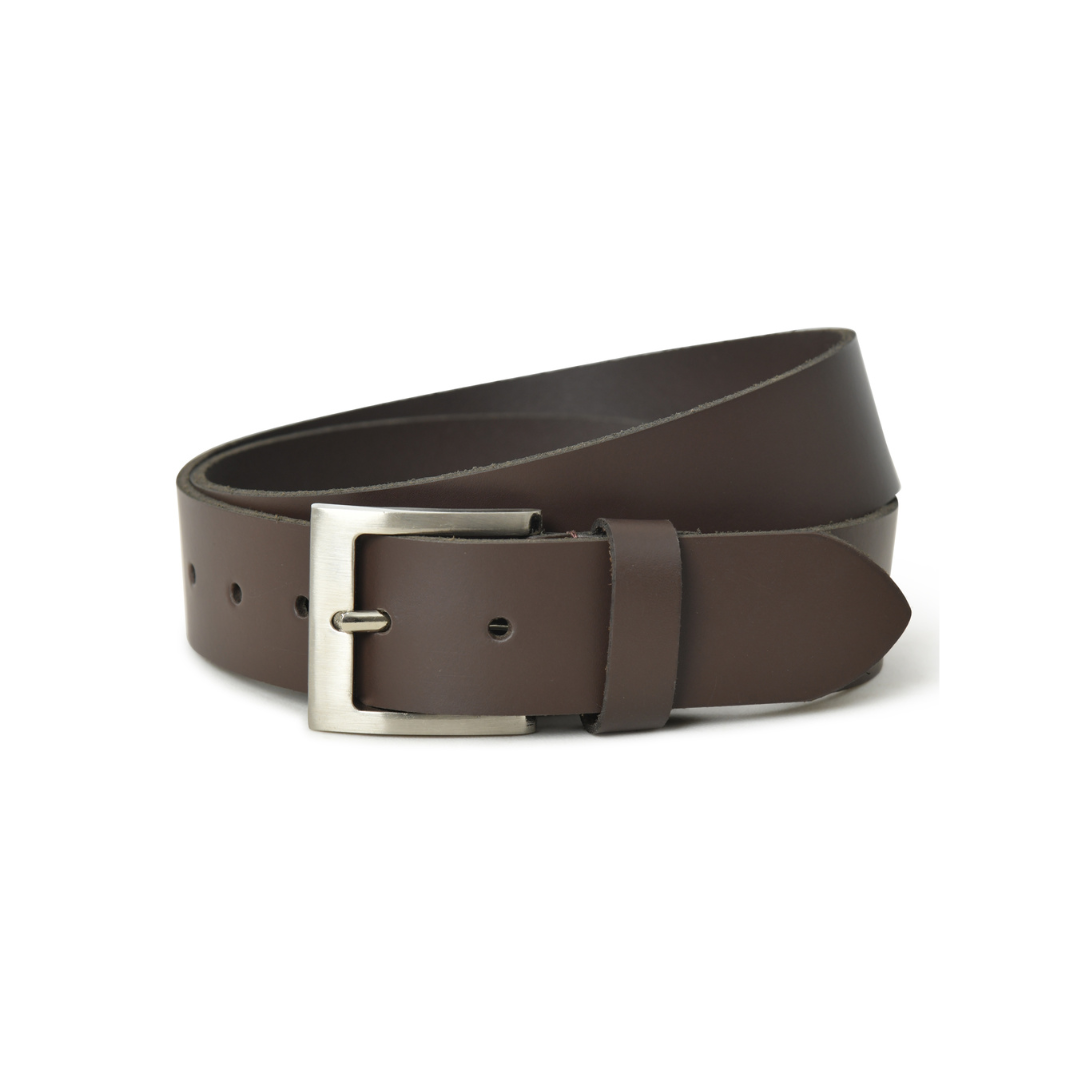 Men's brown genuine leather belt with a classic silver buckle. Perfect for casual everyday wear.