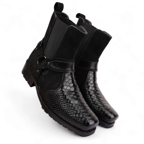 Black Viper Croc-Embossed Leather Boots, Slip-Resistant Sole, Classic Style, Shock-Absorbing Insoles, Cushioned Footbed, Cushioned Footbed, Goodyear Welted