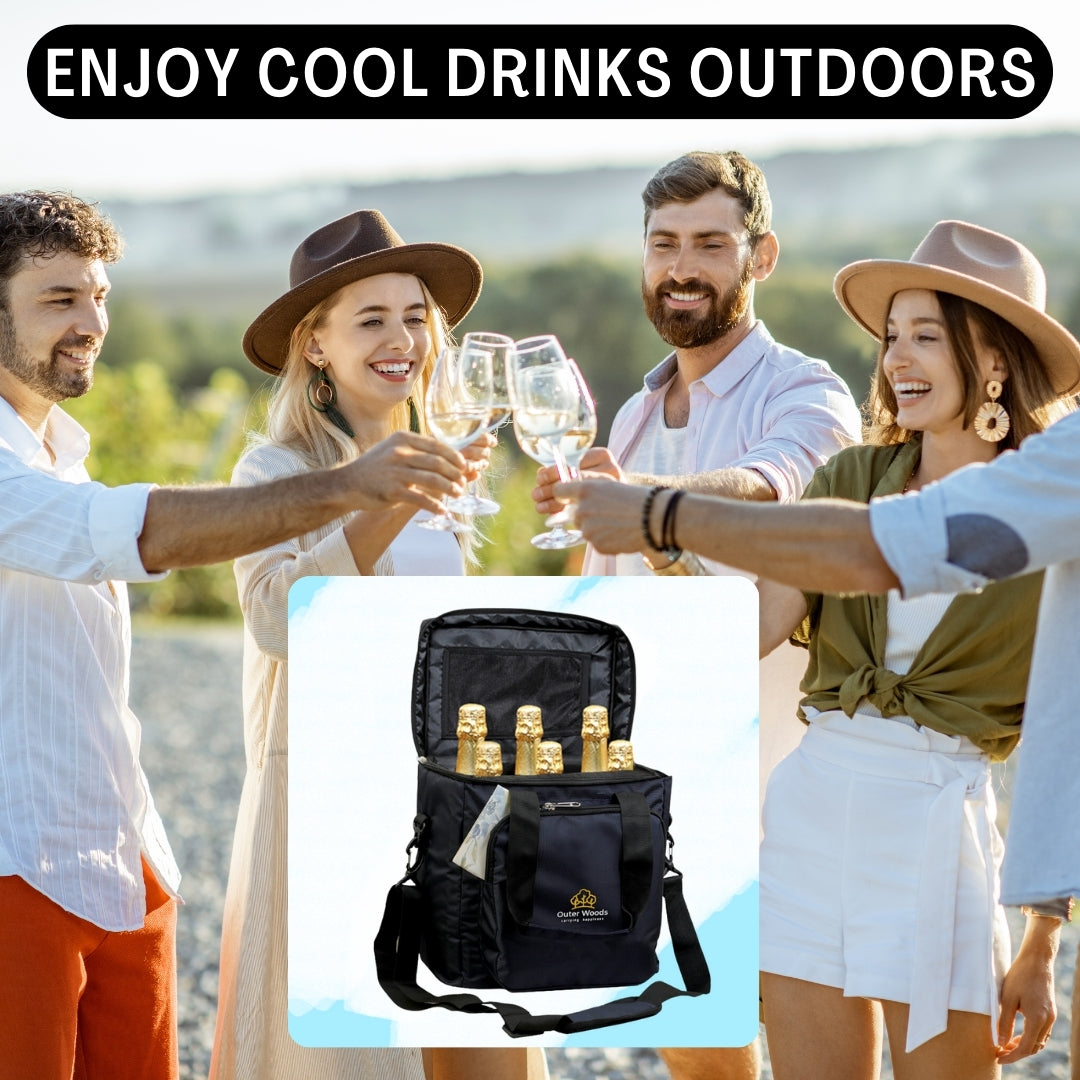 Outer Woods Insulated 6 Bottle Cooler Bag | with 6 Units of Ice Gel Packs | Wine Cooler Bag | Beer Cooler Bag | Insulated Bag | Fits 6 Full Size Bottles