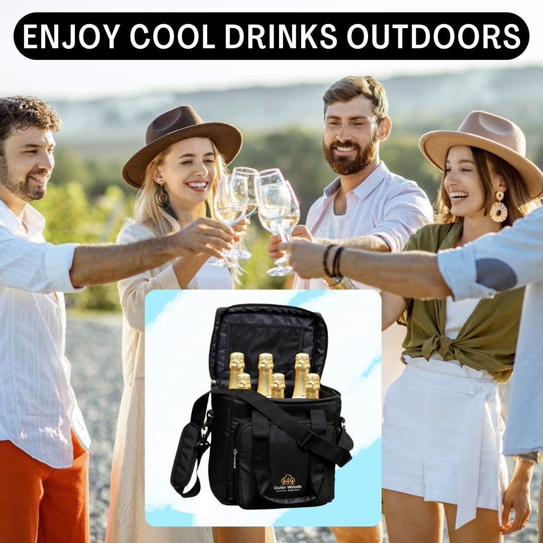 Outer Woods Insulated 6 Bottle Cooler Bag | with 6 Units of Ice Gel Packs | Wine Cooler Bag | Beer Cooler Bag | Insulated Bag | Fits 6 Full Size Bottles