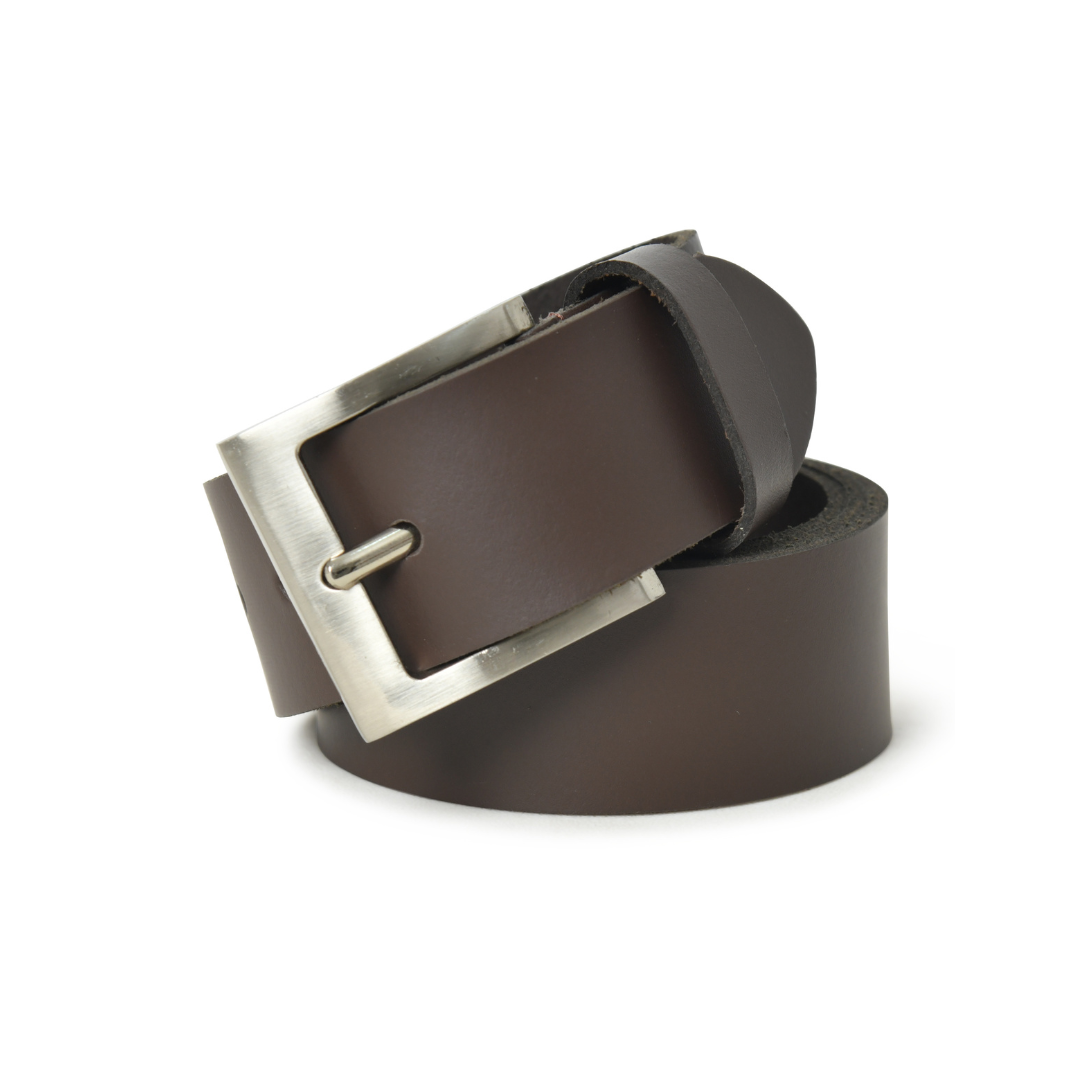 Men's brown genuine leather casual belt with a silver buckle, perfect for everyday wear.