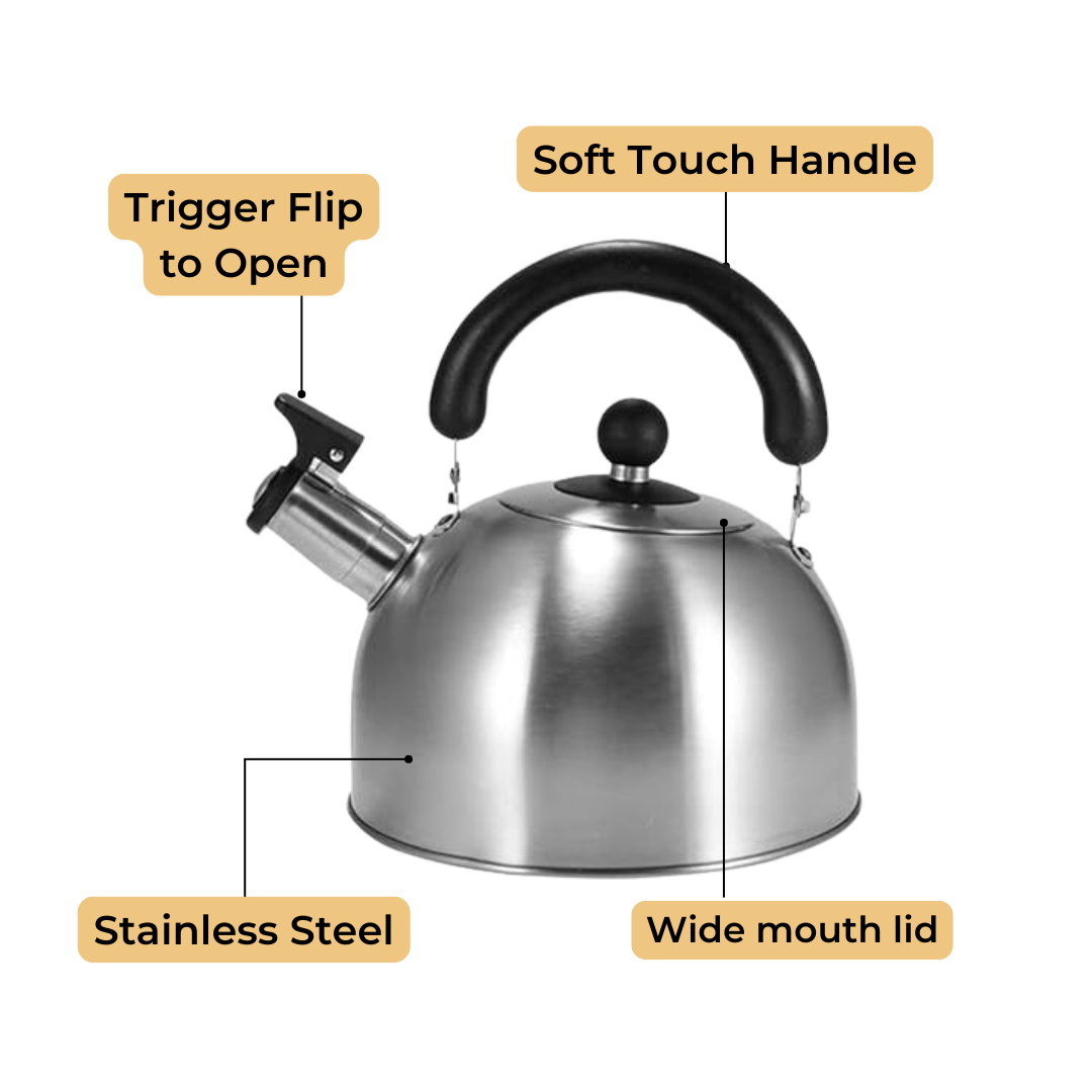 Stainless Steel Whistling Tea Kettle for Camping & Indoor Use | Fast Boiling Water Kettle with Heat-Resistant Ergonomic Handle | 2.1 Quart (2L) Capacity - Silver