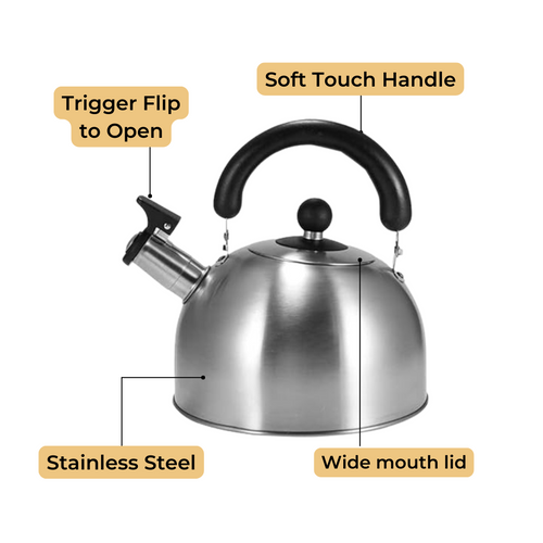 Stainless Steel Whistling Tea Kettle for Camping & Indoor Use | Fast Boiling Water Kettle with Heat-Resistant Ergonomic Handle | 2.1 Quart (2L) Capacity - Silver