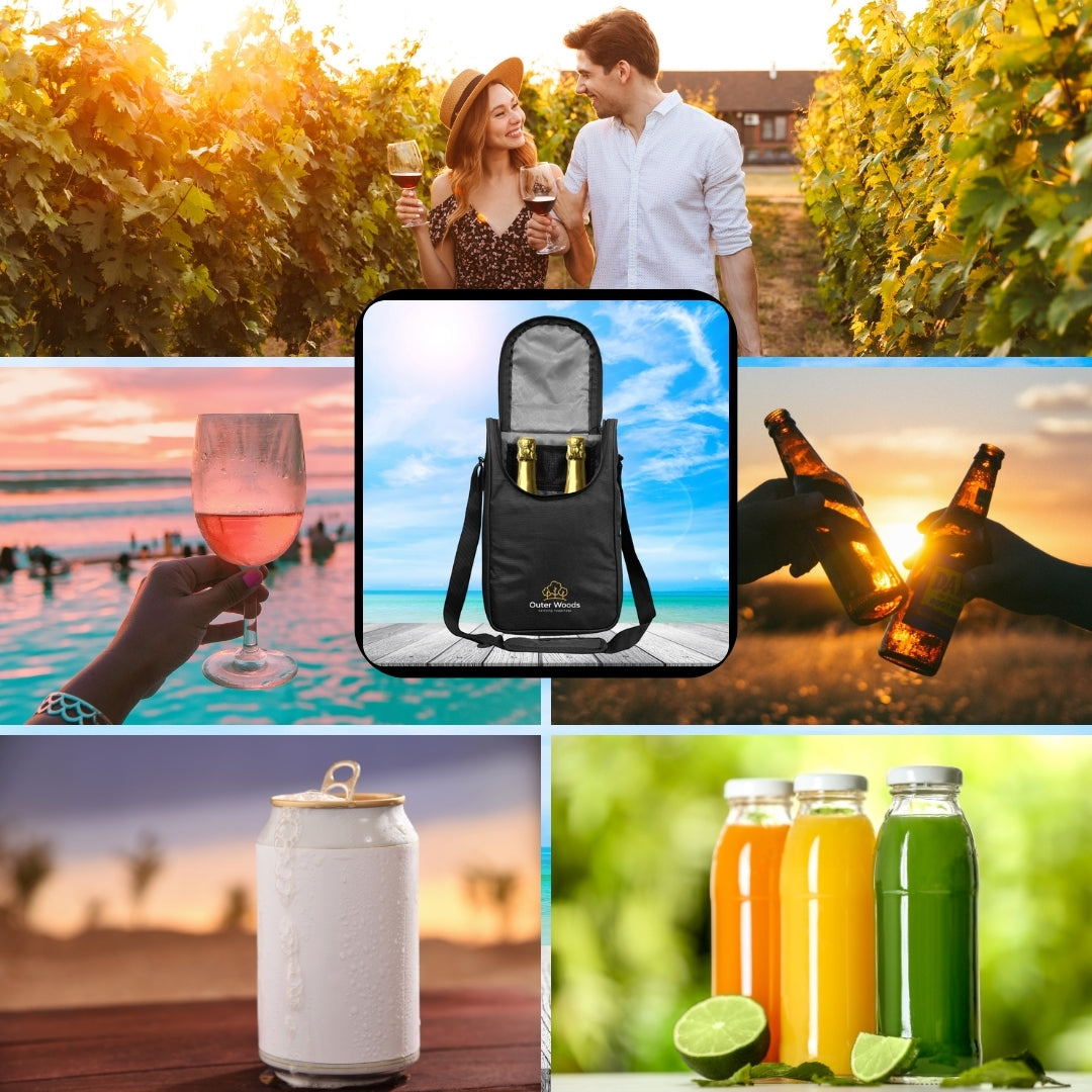 Outer Woods Nylon Insulated 2 Bottle Bag|360Â° Insulation And Portable Padded Protection For Glass Bottles|Ideal For Carrying Wine,Beer,Whisky,Vodka,Soda,Juice,Milk And Water