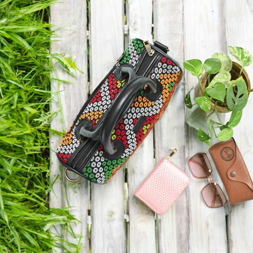 Artisan Aura Mini Bag with Zipper Closure |  Mini Duffle Bag with Colorful Handmade Motifs & Premium Fabric Lining