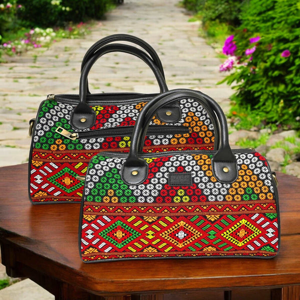 Artisan Aura Mini Bag with Zipper Closure |  Mini Duffle Bag with Colorful Handmade Motifs & Premium Fabric Lining