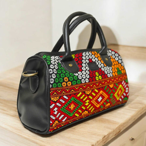 Artisan Aura Mini Bag with Zipper Closure |  Mini Duffle Bag with Colorful Handmade Motifs & Premium Fabric Lining