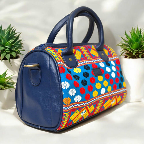 Artisan Chic Blue Mini Duffle with Secure Zipper | Blue Vegan Leather Handbag with Unique Handcrafted Motifs