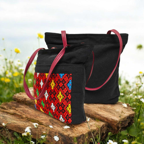 Artisan Flair Tote Bag with Triple Zipper Closure & Premium Fabric Lining | Canvas Tote Bag with Colorful Handmade Motifs