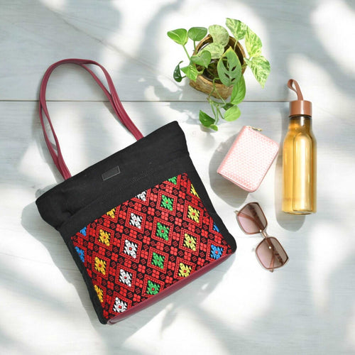 Artisan Flair Tote Bag with Triple Zipper Closure & Premium Fabric Lining | Canvas Tote Bag with Colorful Handmade Motifs