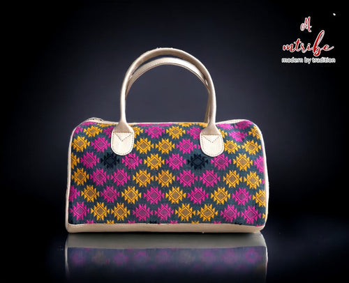 Artisan Charm Mini Bag with Zipper Closure | Mini Duffle Handbag with Vibrant Handmade Motifs