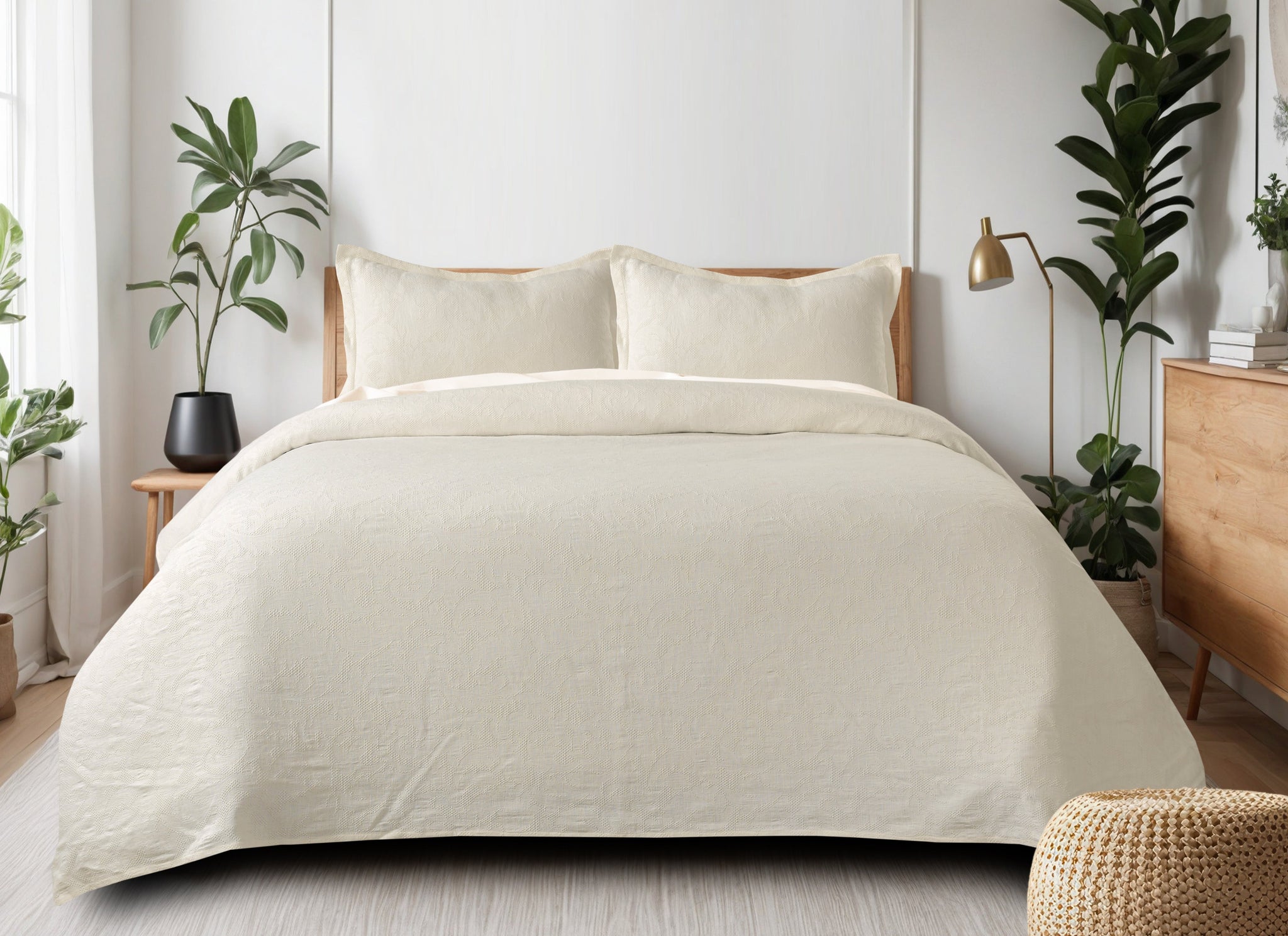 Milky white waffle-weave cotton bedspread with subtle texture on a made bed with two matching pillow shams.