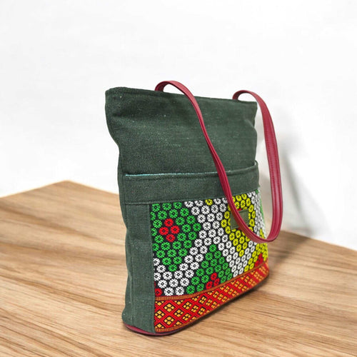 Chic Harmony Tote with Artisanal Motif & Triple Zipper Closure | Green Canvas Tote Bag with Premium Cotton & Unique Design