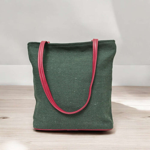 Chic Harmony Tote with Artisanal Motif & Triple Zipper Closure | Green Canvas Tote Bag with Premium Cotton & Unique Design