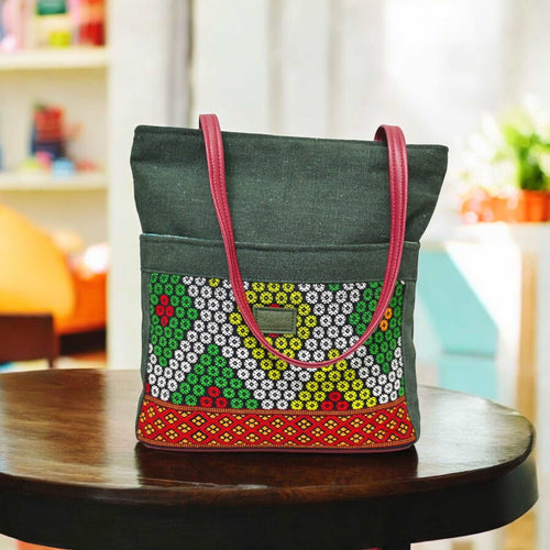 Chic Harmony Tote with Artisanal Motif & Triple Zipper Closure | Green Canvas Tote Bag with Premium Cotton & Unique Design