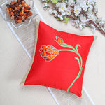 Red Floral Embroidered Cushion Cover, Set of 2 pcs, Red Tulip Embroidery with Gold Highlights, Hidden Closure, Elegant Home Decor Covers (16"x16")