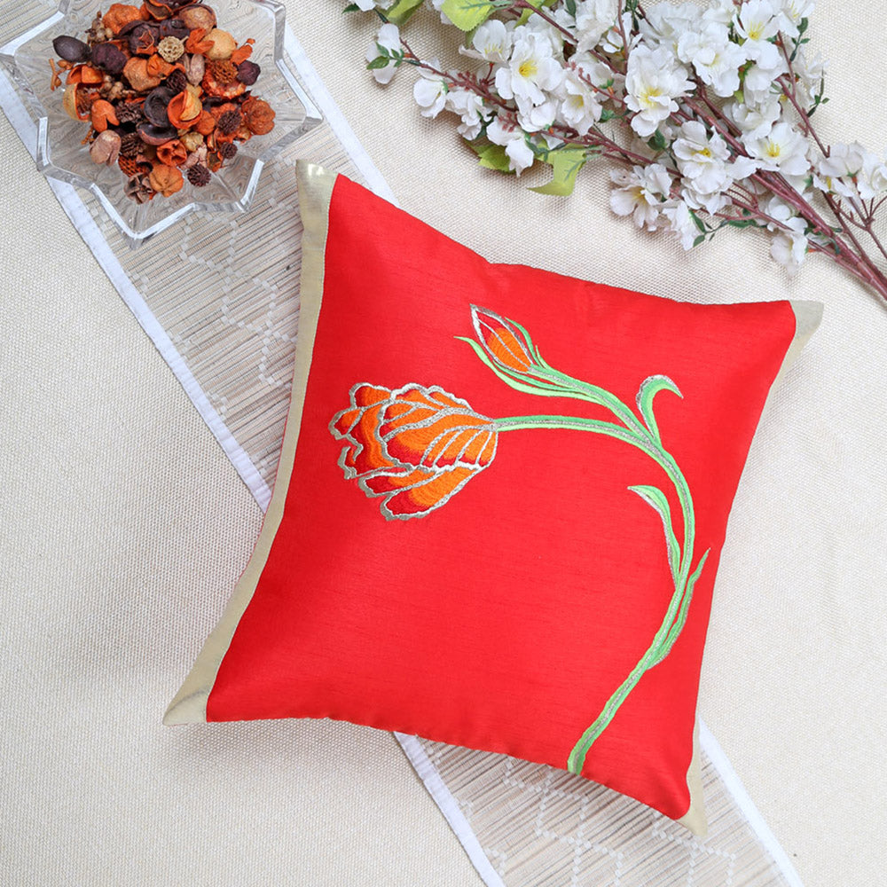 Red Floral Embroidered Cushion Cover, Set of 2 pcs, Red Tulip Embroidery with Gold Highlights, Hidden Closure, Elegant Home Decor Covers (16"x16")