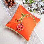 Orange Floral Embroidered Cushion Cover, Set of 2 pcs, Orange Tulip Embroidery with Gold Highlights, Hidden Closure, Decorative Accent Covers (16"x16")