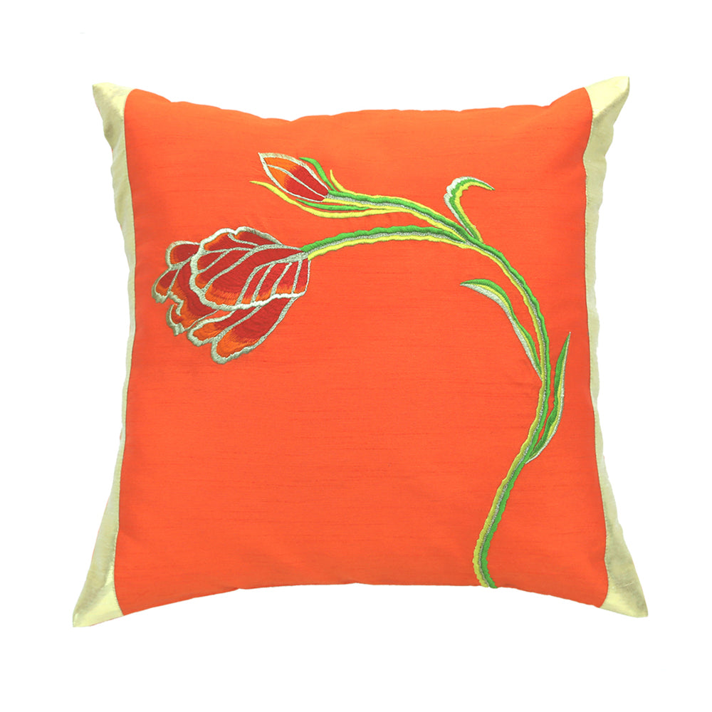 Orange and Red Combo Embroidered Cushion Cover, Set of 2 pcs, Red & Orange Tulip Embroidery with Gold Highlights, Hidden Closure, Floral Accent Pillows (16"x16")