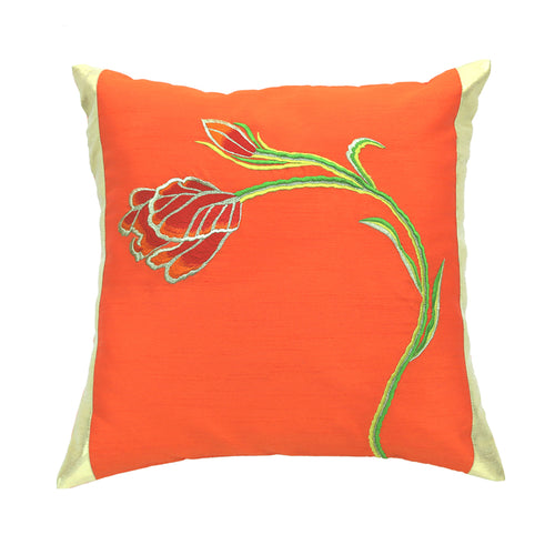 Orange and Red Combo Embroidered Cushion Cover, Set of 2 pcs, Red & Orange Tulip Embroidery with Gold Highlights, Hidden Closure, Floral Accent Pillows (16