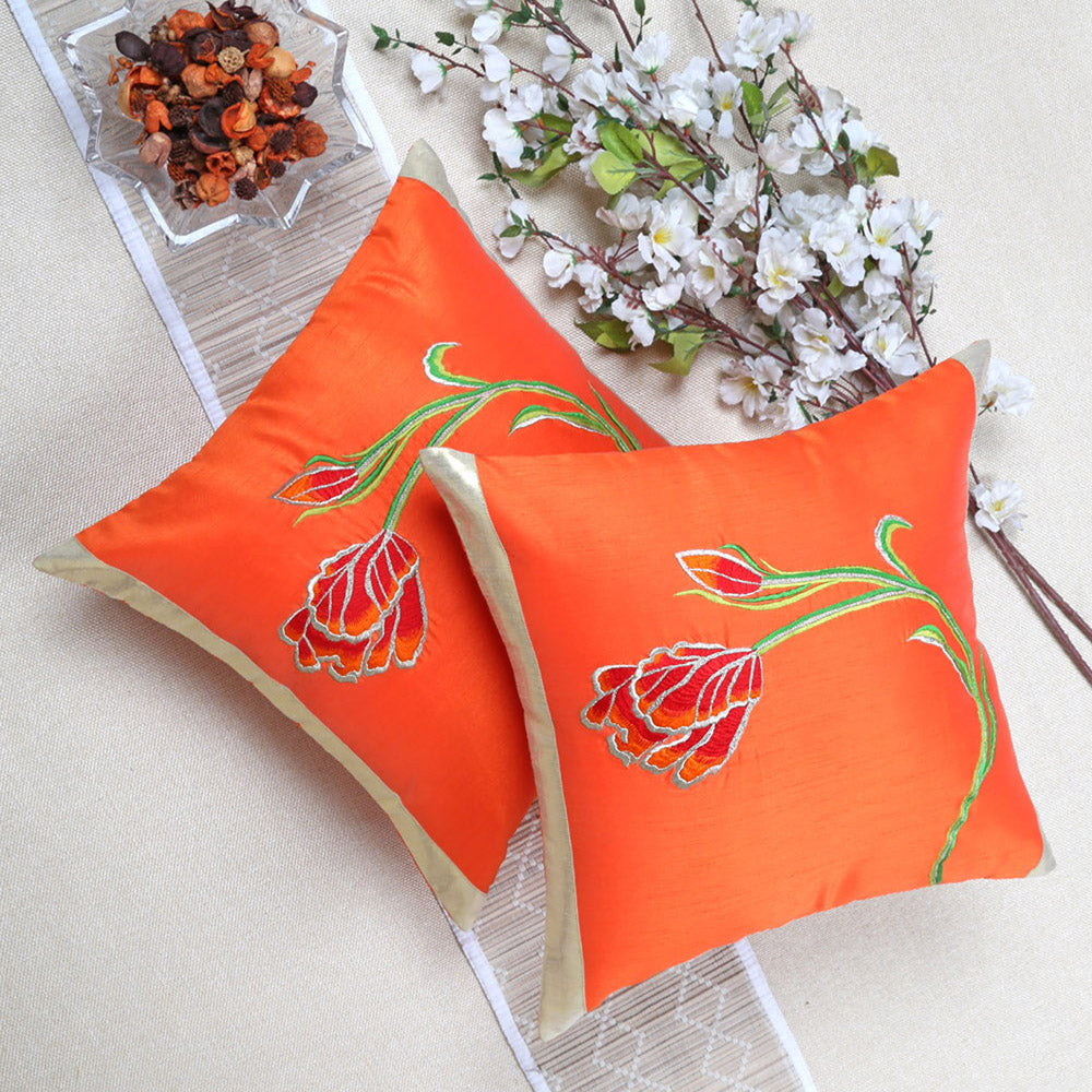 Orange Floral Embroidered Cushion Cover, Set of 2 pcs, Orange Tulip Embroidery with Gold Highlights, Hidden Closure, Decorative Accent Covers (16"x16")