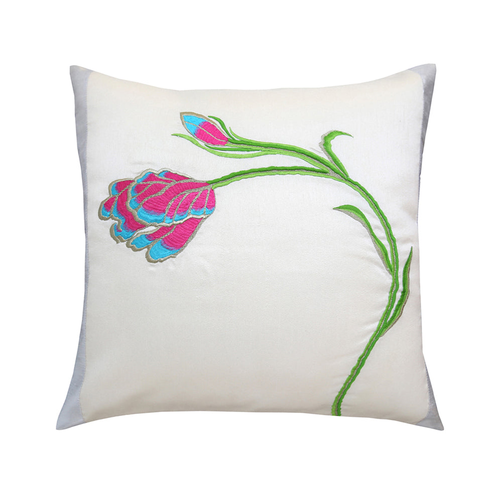 White Floral Embroidered Cushion Cover, Set of 2 pcs, White Tulip Embroidery with Gold Highlights, Hidden Closure, Fresh Floral Cushions (16"x16")