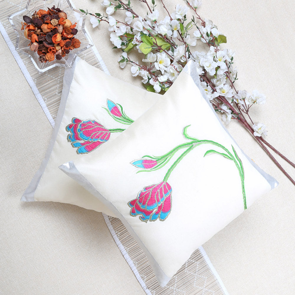 White Floral Embroidered Cushion Cover, Set of 2 pcs, White Tulip Embroidery with Gold Highlights, Hidden Closure, Fresh Floral Cushions (16"x16")