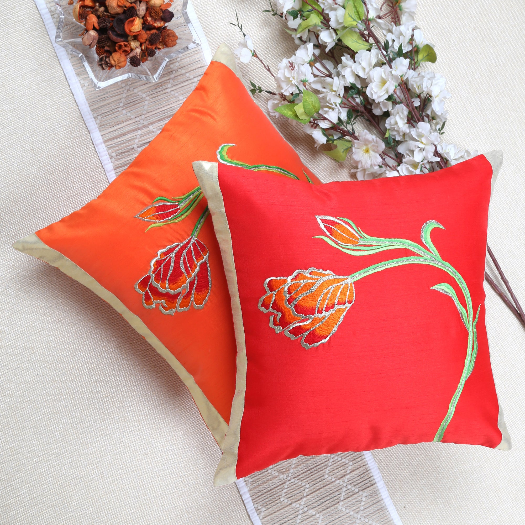 Orange and Red Combo Embroidered Cushion Cover, Set of 2 pcs, Red & Orange Tulip Embroidery with Gold Highlights, Hidden Closure, Floral Accent Pillows (16"x16")