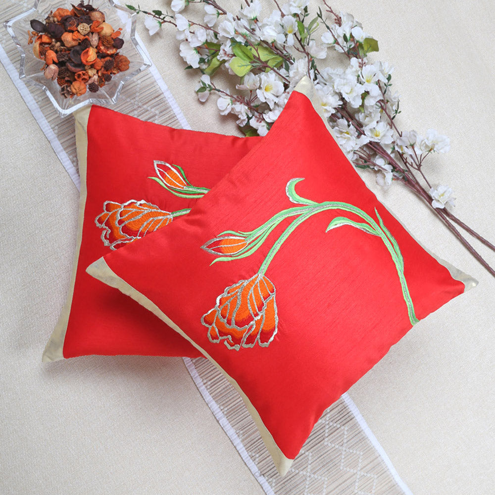 Red Floral Embroidered Cushion Cover, Set of 2 pcs, Red Tulip Embroidery with Gold Highlights, Hidden Closure, Elegant Home Decor Covers (16"x16")