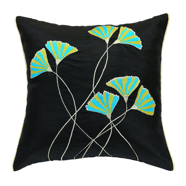 Green Floral Embroidered Cushion Cover, Set of 2 pcs, Black with Green Floral Embroidery and Gold Piping, Hidden Closure, Stylish Home Cushions (16