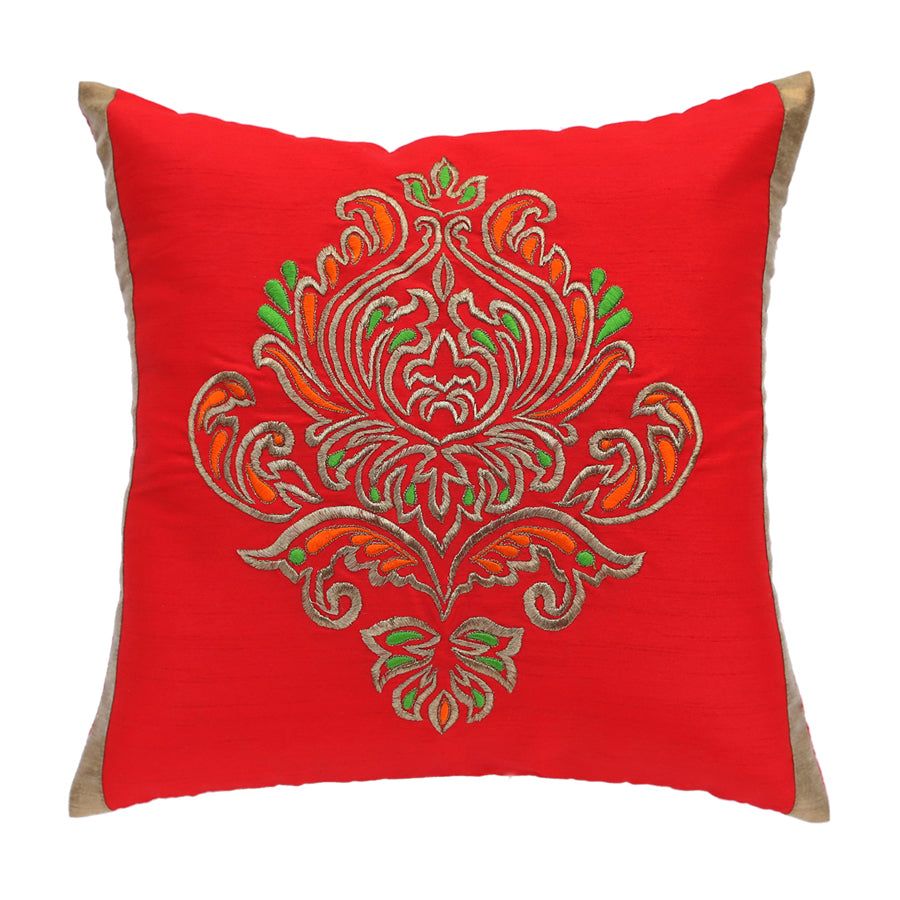 Red Embroidered Cushion Cover, Set of 2 pcs, Red Ornamental Embroidery with Gold Highlights, Hidden Closure, Luxurious Accent Covers (16"x16")