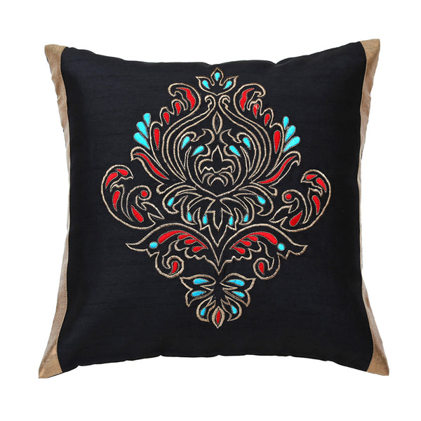 Black Embroidered Cushion Cover, Set of 2 pcs, Black Ornamental Embroidery with Gold Highlights, Hidden Closure, Elegant Home Cushions (16