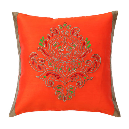 Orange Embroidered Cushion Cover, Set of 2 pcs, Orange Ornamental Embroidery with Gold Highlights, Hidden Closure, Stylish Decorative Pillows (16