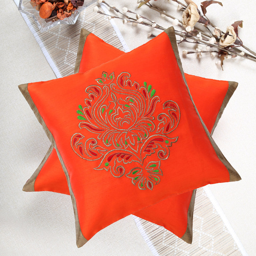 Orange Embroidered Cushion Cover, Set of 2 pcs, Orange Ornamental Embroidery with Gold Highlights, Hidden Closure, Stylish Decorative Pillows (16"x16")