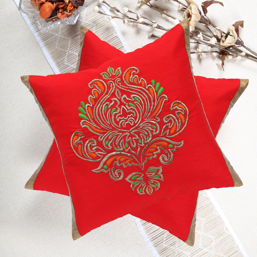 Red Embroidered Cushion Cover, Set of 2 pcs, Red Ornamental Embroidery with Gold Highlights, Hidden Closure, Luxurious Accent Covers (16"x16")