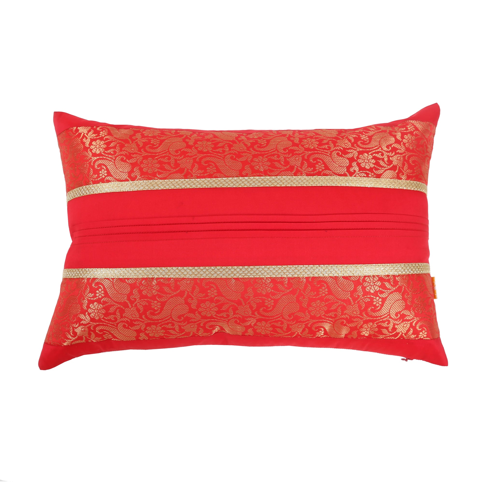 Red Foliage Brocade Cushion Cover with Pleats, Set of 2 pcs, Red Brocade with Pleats and Gold Highlights, Hidden Closure, Premium Decorative Cushions (12"x18")