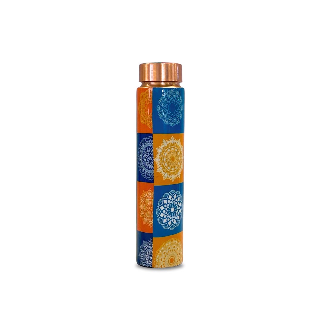 Multicolor Copper Water Bottle with a vibrant blue and orange mandala pattern, perfect for stylish hydration.