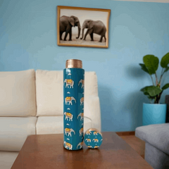 Blue Elephant Design Copper Water Bottle | 950ML Bottle for Office and Home