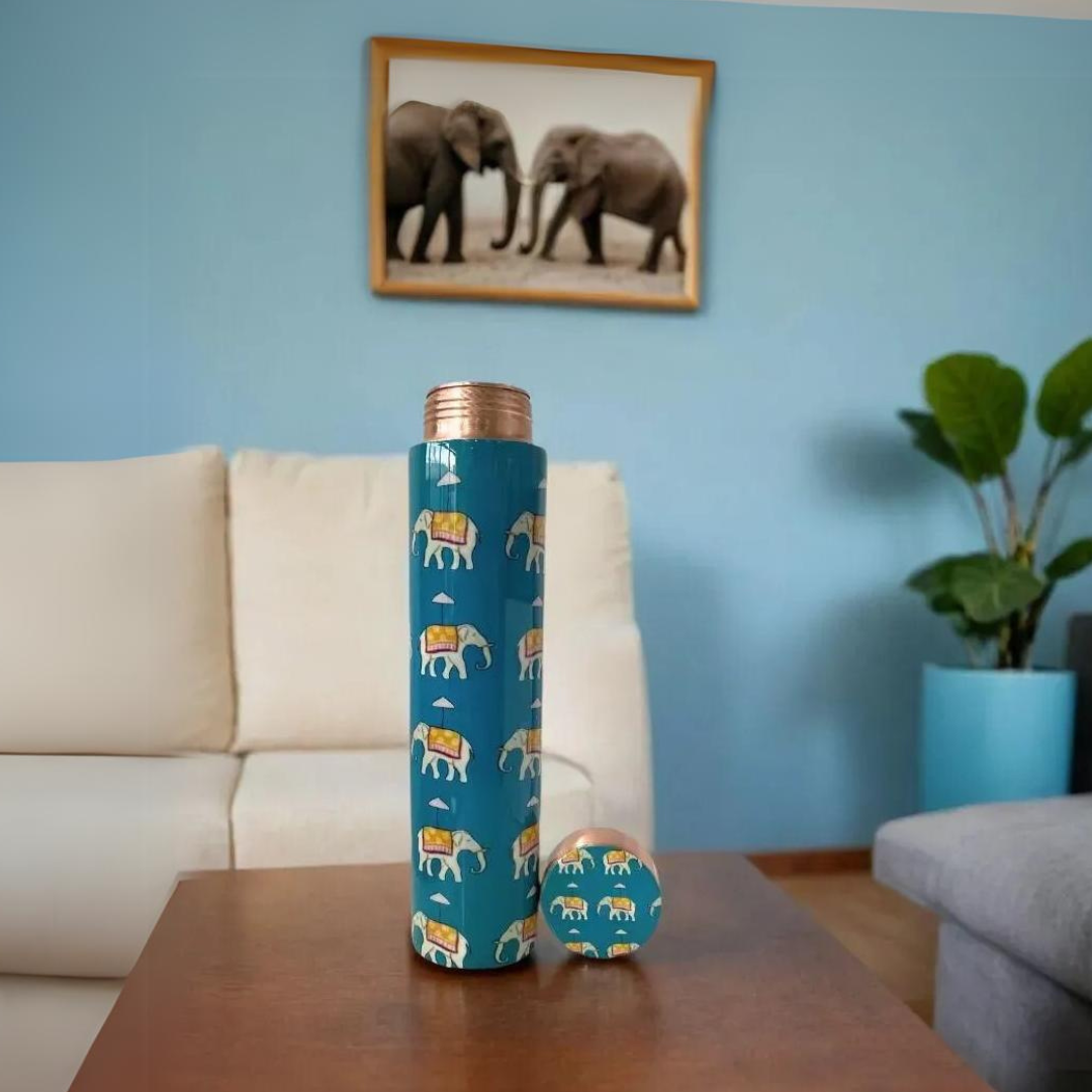 Bouteille d'eau en cuivre à motif d'éléphant bleu | Bouteille de 950 ml pour le bureau et la maison