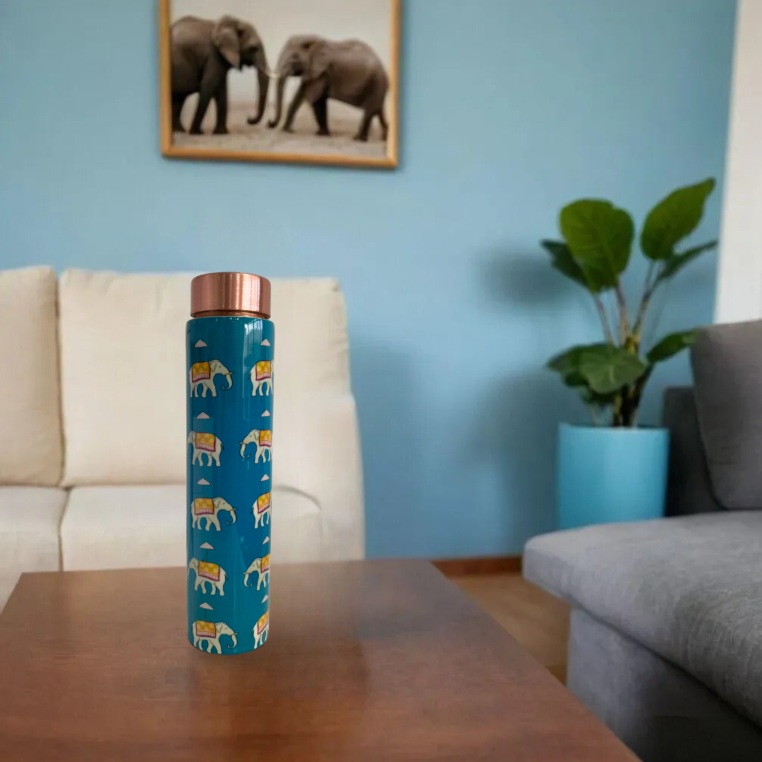 Bouteille d'eau en cuivre à motif d'éléphant bleu | Bouteille de 950 ml pour le bureau et la maison