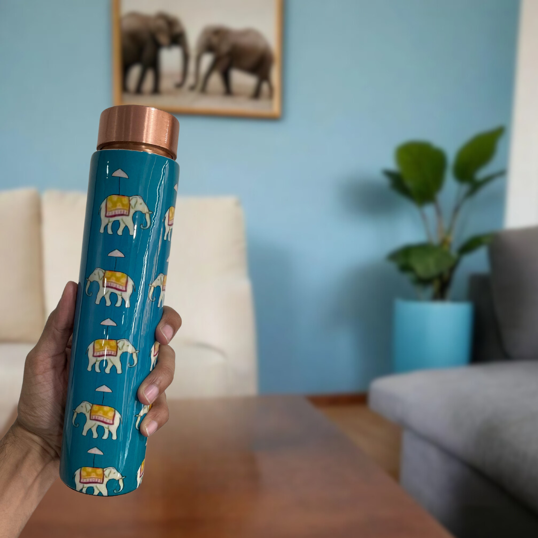 Bouteille d'eau en cuivre à motif d'éléphant bleu | Bouteille de 950 ml pour le bureau et la maison