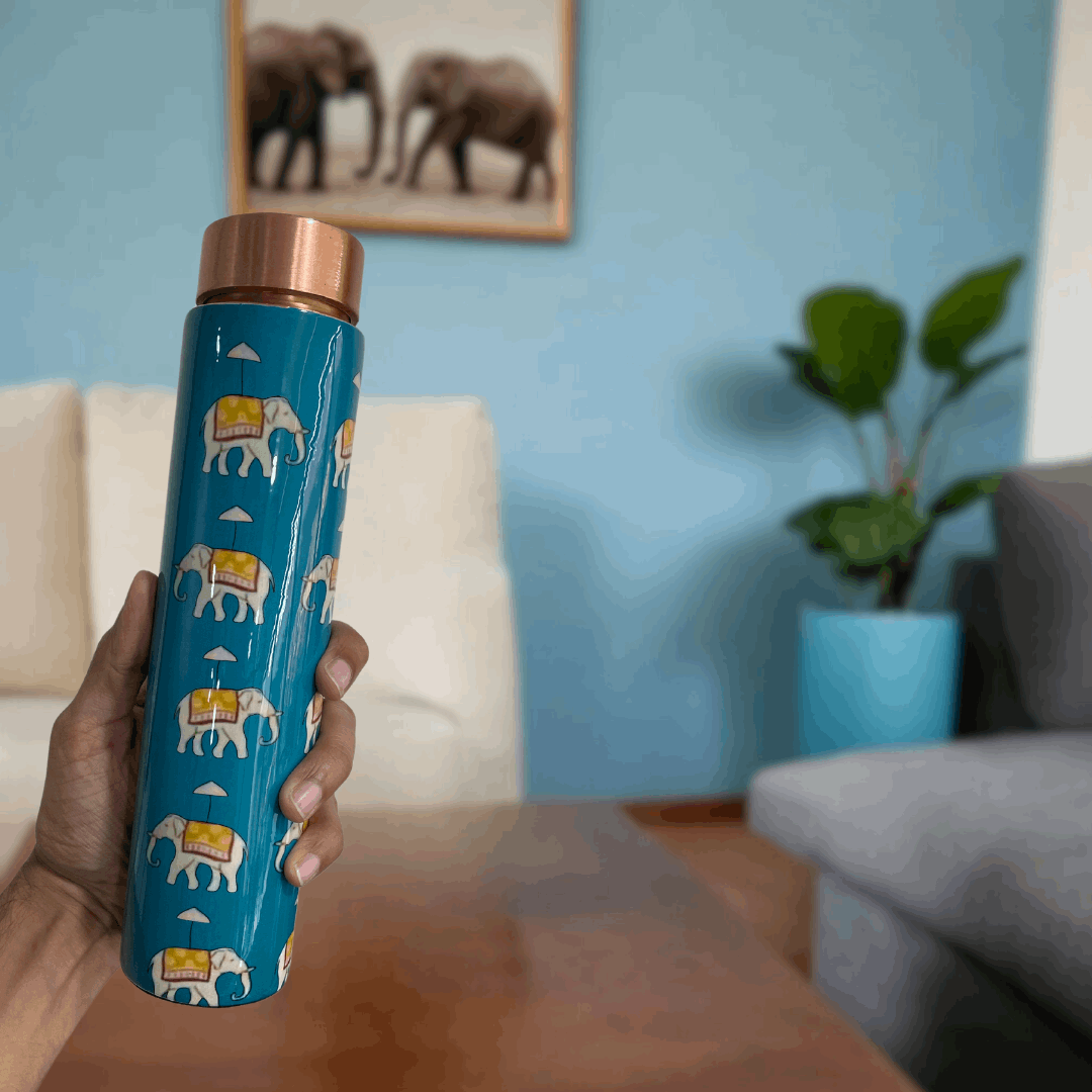 Blue Elephant Design Copper Water Bottle | 950ML Bottle for Office and Home