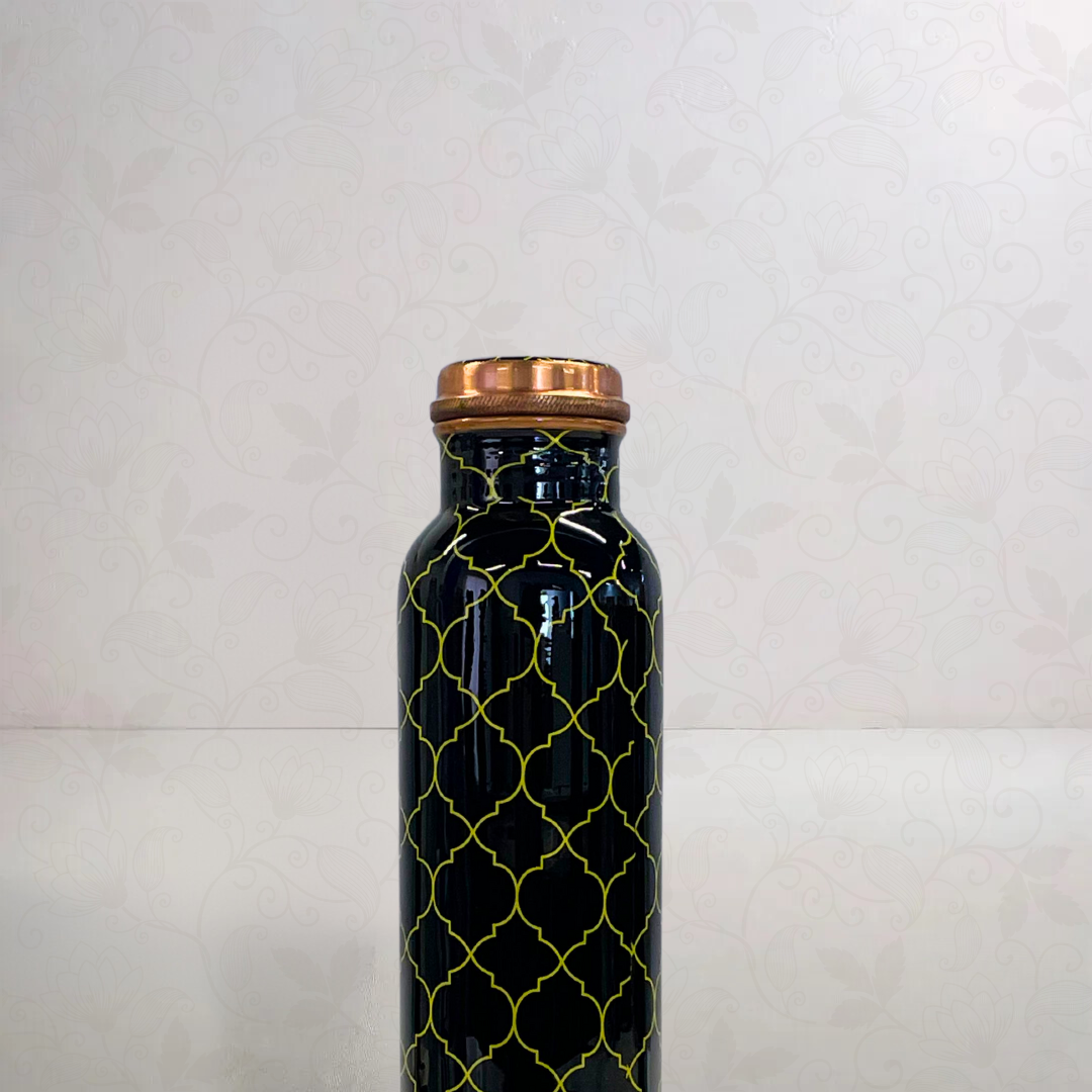 Leakproof 1-liter pure copper water bottle with a stylish black and gold leaf print. Durable, antibacterial, and authentic.