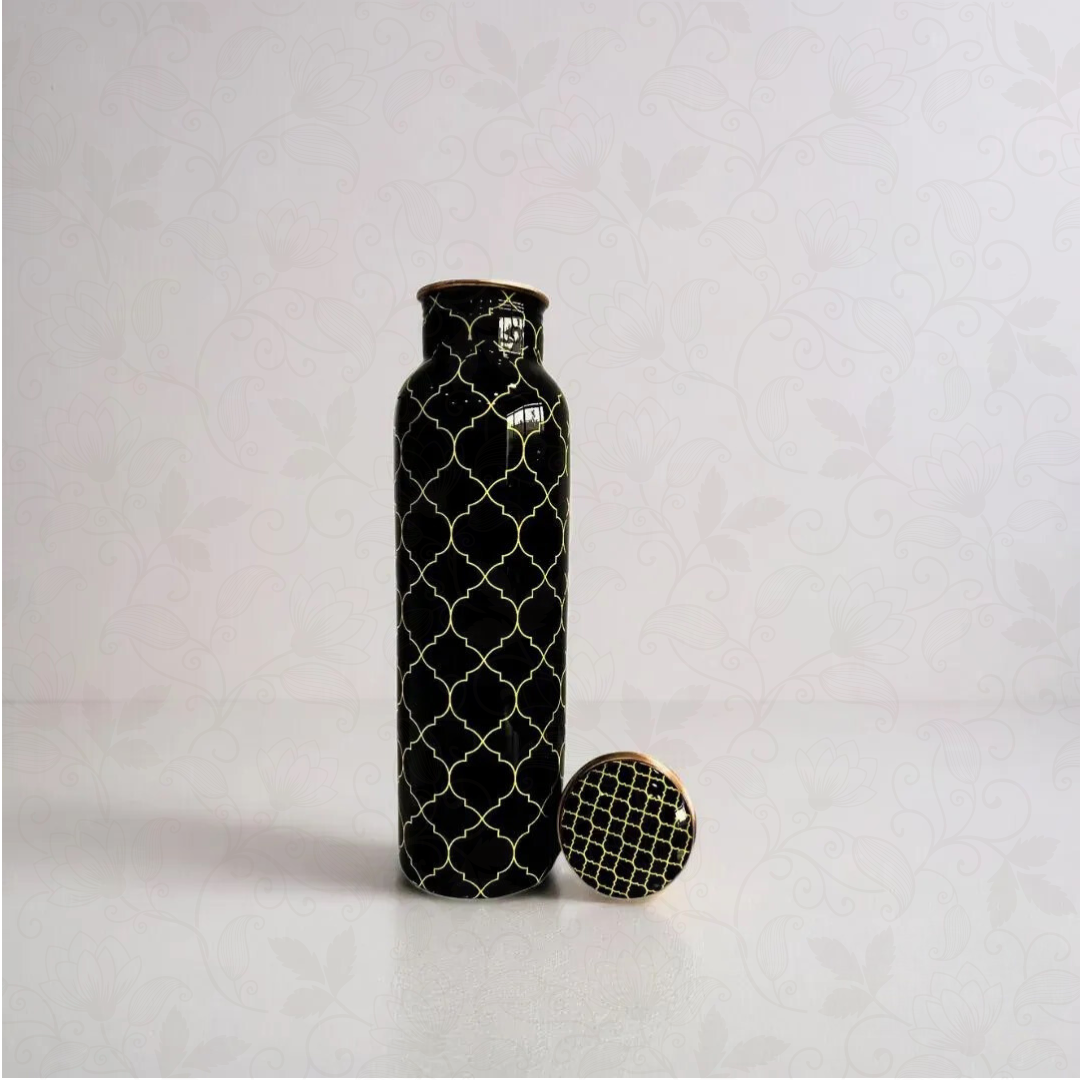 Black and gold leakproof pure copper water bottle (1 liter) with a geometric leaf print.