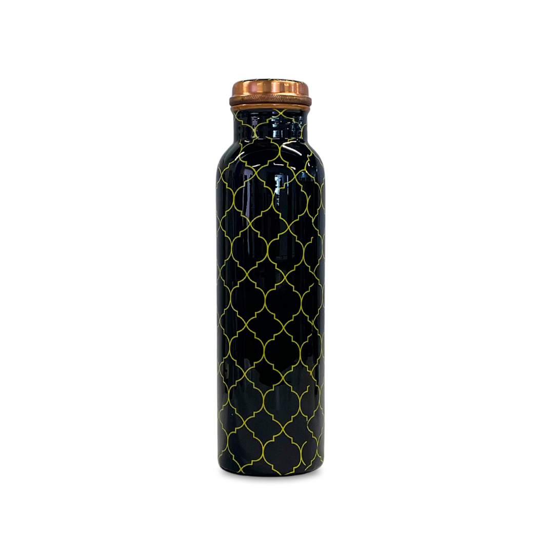 Black and gold patterned, leakproof pure copper water bottle (1 liter) with copper lid.