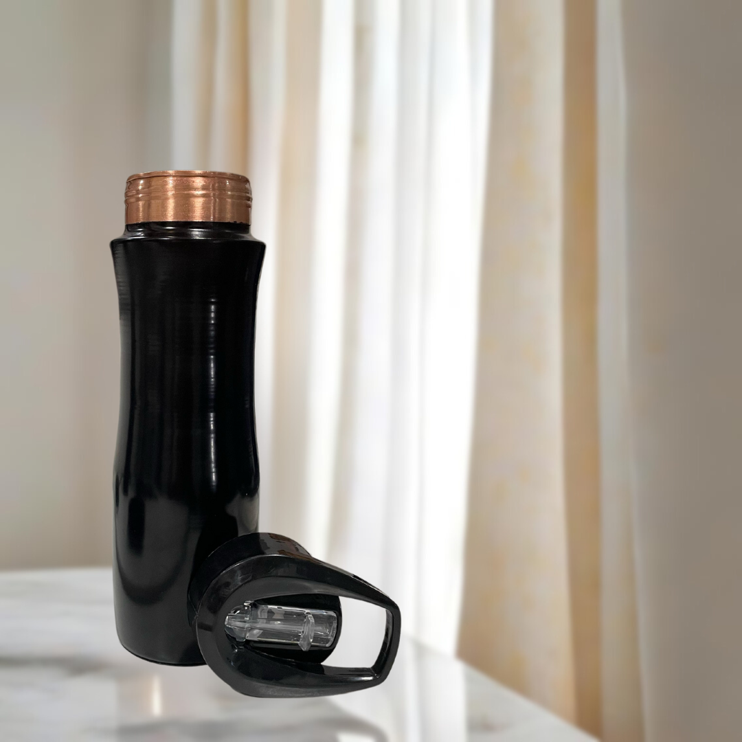 Sleek black Sports Water Bottle with copper accents and a spill-proof lid, perfect for staying hydrated on the go.