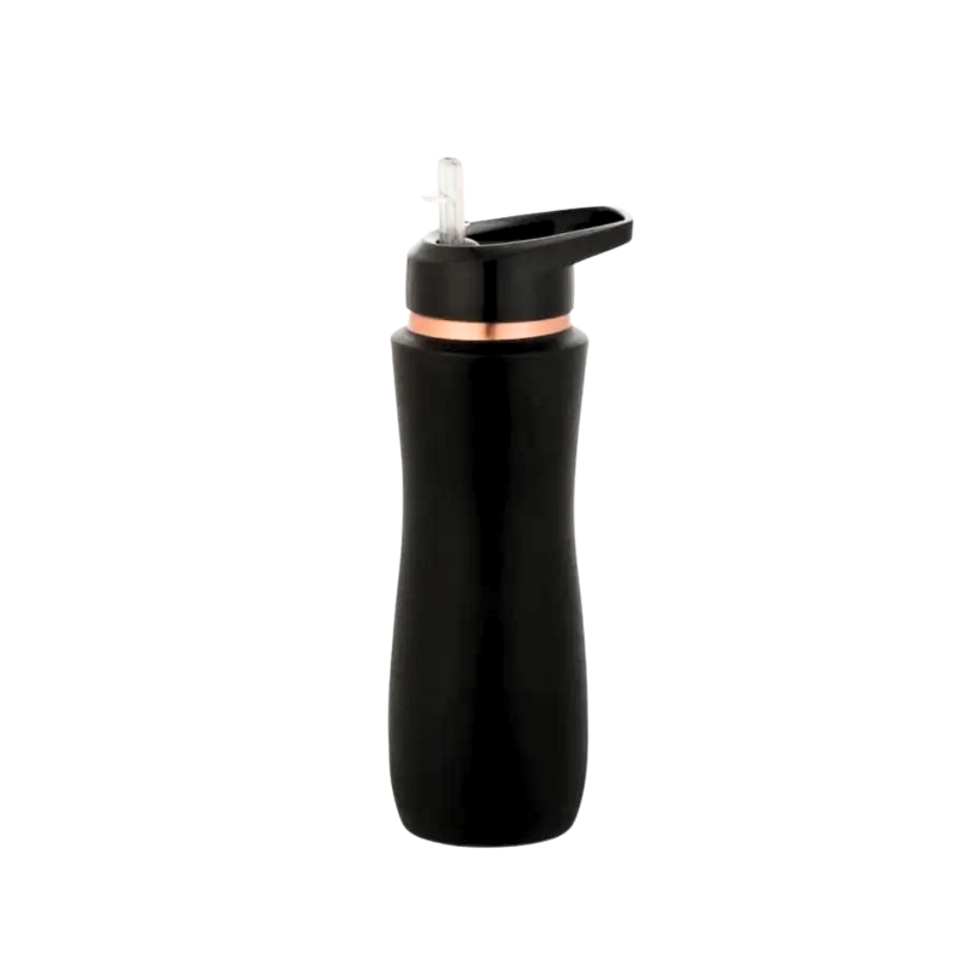 Sleek black Sports Water Bottle with copper accents and a convenient flip-top straw lid.