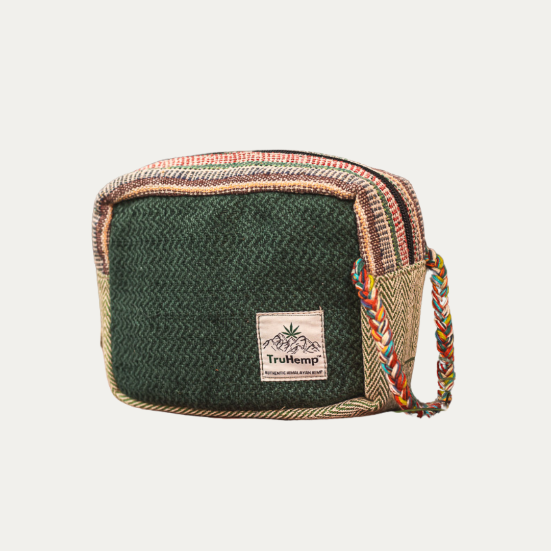 Eco-friendly Himalayan Hemp Toiletry Kit made with authentic, durable hemp featuring a green and tan woven design with a colorful braided handle.