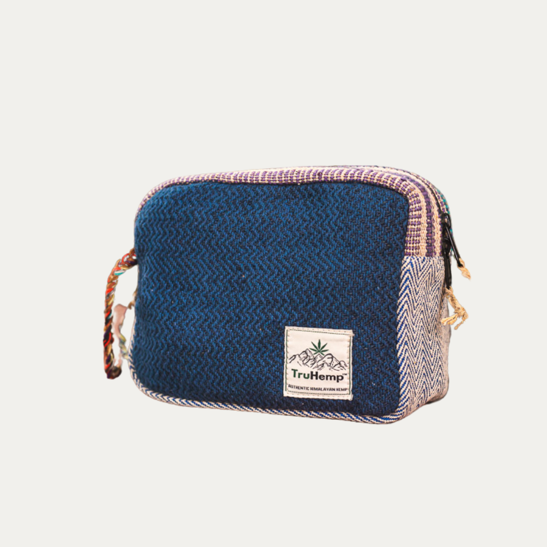 Eco-friendly Himalayan Hemp Toiletry Kit in blue and white. Perfect for sustainable travel, this durable kit is handmade with natural hemp fiber.